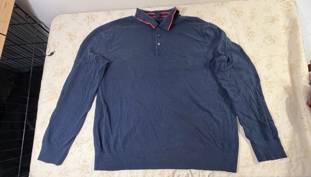 Banana Republic Men’s XL Luxury Blend Navy Long Sleeve Polo Shirt Red Trim